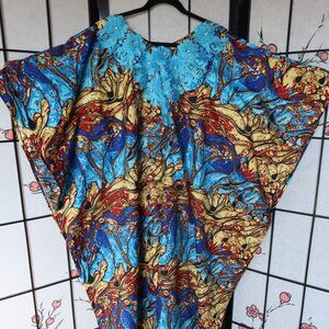 African Vibrant Multicolor Kaftan Bubu Gown w/Floral Neckline NWOT 1 Size